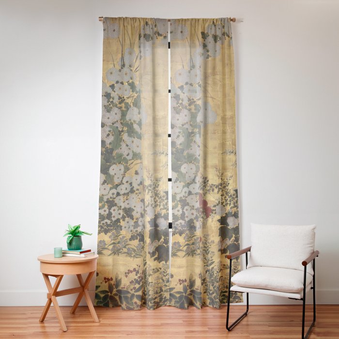 Red White Chrysanthemums Vintage Floral Japanese Gold Leaf Screen Window Curtain Gallery Image 12