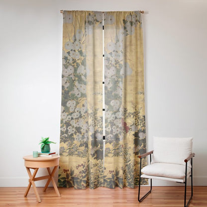 Red White Chrysanthemums Vintage Floral Japanese Gold Leaf Screen Window Curtain Gallery Image 12