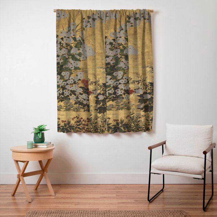 Red White Chrysanthemums Vintage Floral Japanese Gold Leaf Screen Window Curtain Gallery Image 7