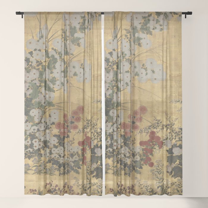 Red White Chrysanthemums Vintage Floral Japanese Gold Leaf Screen Window Curtain Gallery Image 21