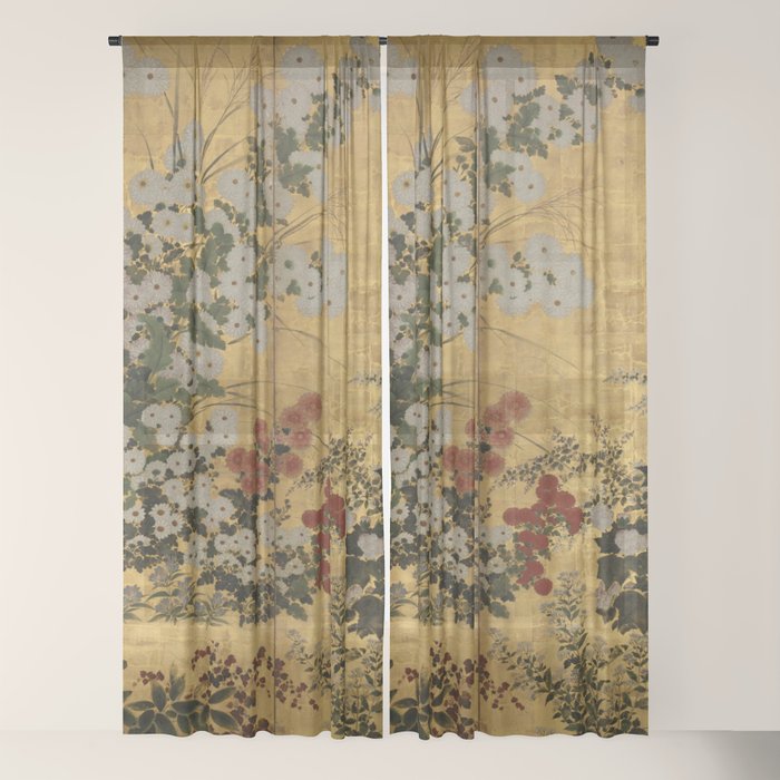 Red White Chrysanthemums Vintage Floral Japanese Gold Leaf Screen Window Curtain Gallery Image 18