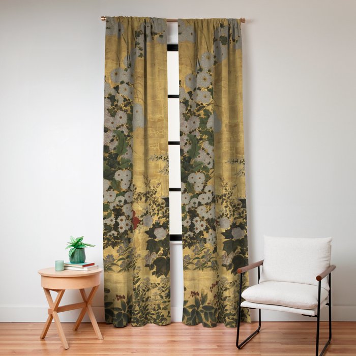 Red White Chrysanthemums Vintage Floral Japanese Gold Leaf Screen Window Curtain Gallery Image 8