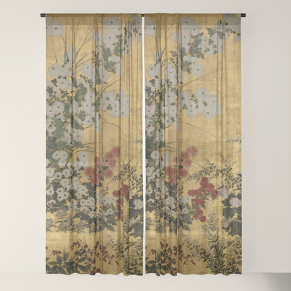 Red White Chrysanthemums Vintage Floral Japanese Gold Leaf Screen Window Curtain Gallery Image 22