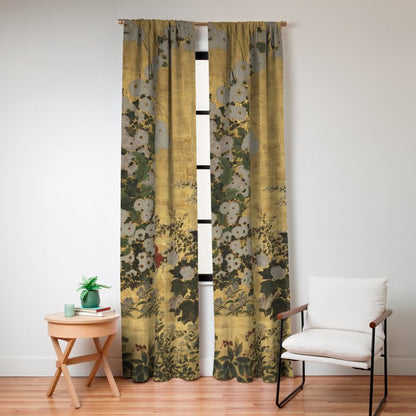 Red White Chrysanthemums Vintage Floral Japanese Gold Leaf Screen Window Curtain Gallery Image 4