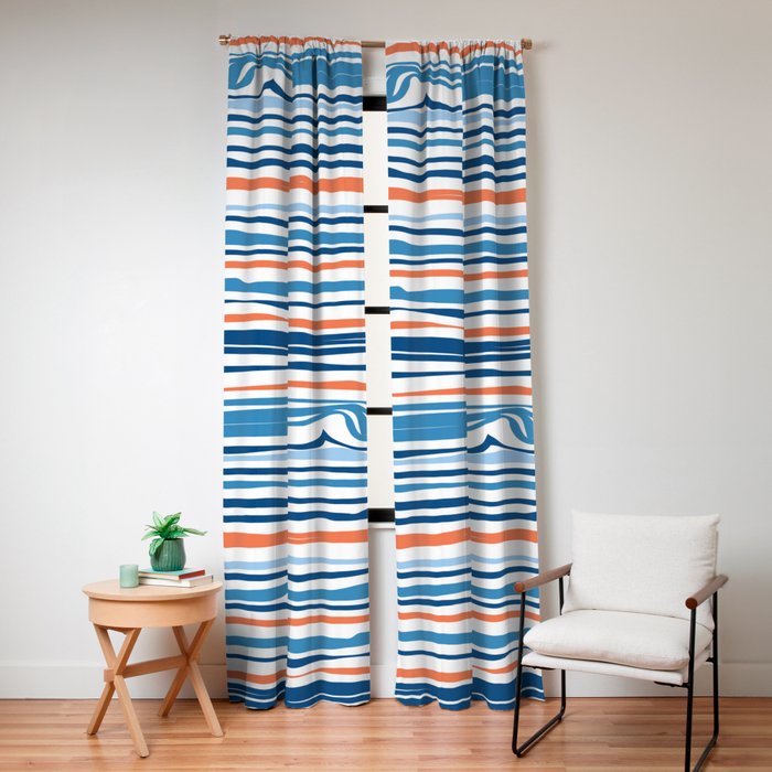 Modern Abstract Ocean Wave Stripes in Classic Blues and Orange Window Curtain Gallery Image 4