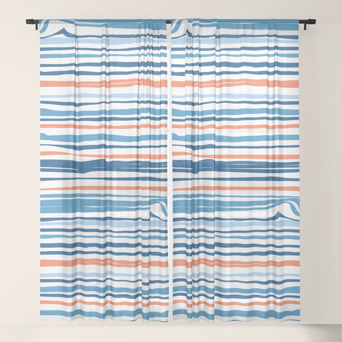 Modern Abstract Ocean Wave Stripes in Classic Blues and Orange Window Curtain Gallery Image 17