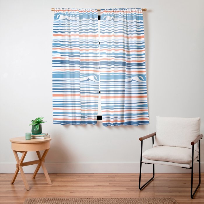 Modern Abstract Ocean Wave Stripes in Classic Blues and Orange Window Curtain Gallery Image 15