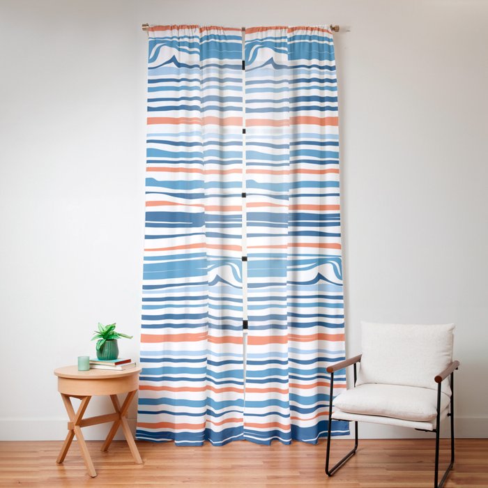 Modern Abstract Ocean Wave Stripes in Classic Blues and Orange Window Curtain Gallery Image 16
