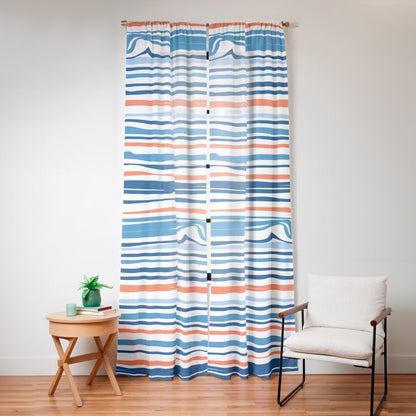 Modern Abstract Ocean Wave Stripes in Classic Blues and Orange Window Curtain Gallery Image 12