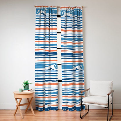 Modern Abstract Ocean Wave Stripes in Classic Blues and Orange Window Curtain Gallery Image 8