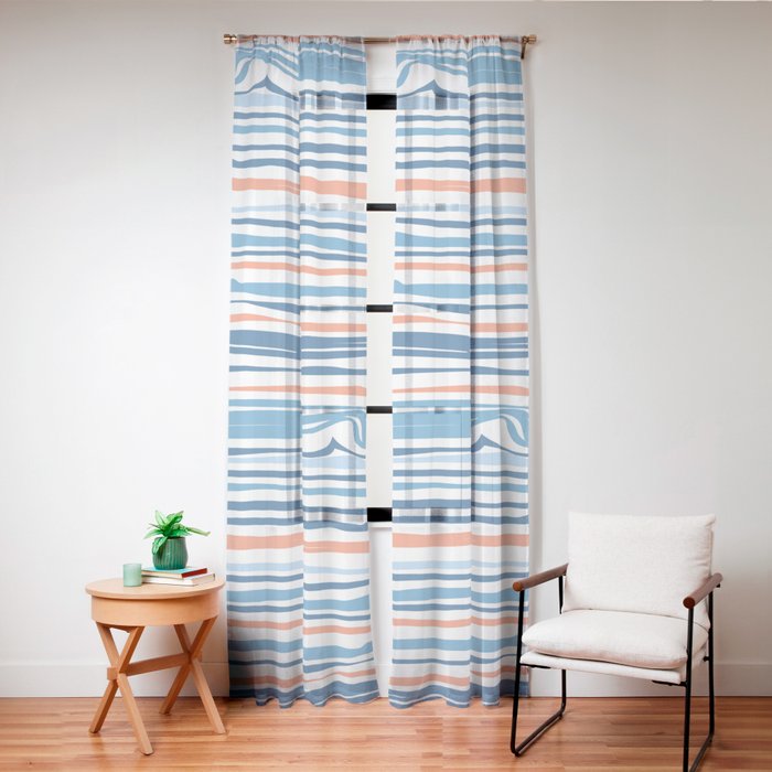 Modern Abstract Ocean Wave Stripes in Classic Blues and Orange Window Curtain Gallery Image 24