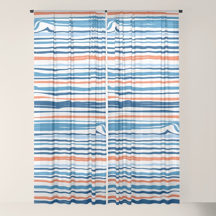 Modern Abstract Ocean Wave Stripes in Classic Blues and Orange Window Curtain Gallery Image 18