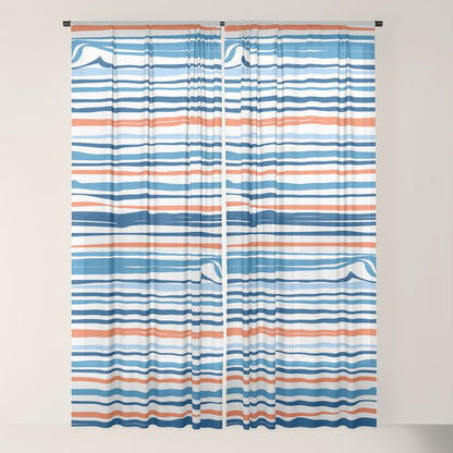 Modern Abstract Ocean Wave Stripes in Classic Blues and Orange Window Curtain Gallery Image 18