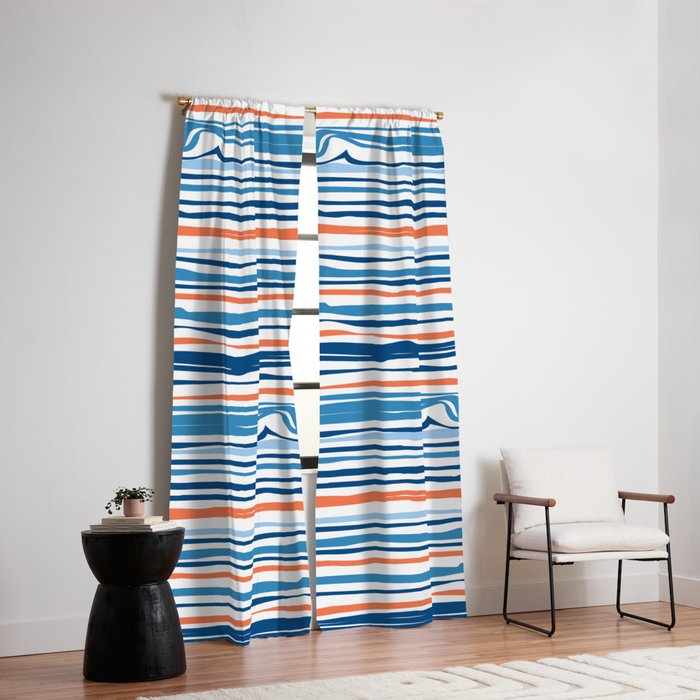 Modern Abstract Ocean Wave Stripes in Classic Blues and Orange Window Curtain Gallery Image 2