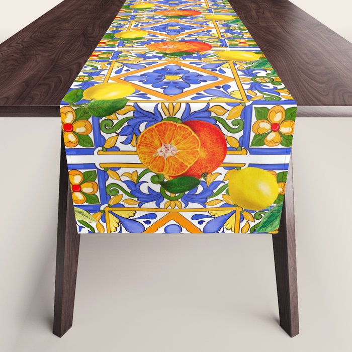 Summer ,Sicilian tiles ,citrus,oranges,majolica,lemons ,Mediterranean Table Runner Gallery Image 1