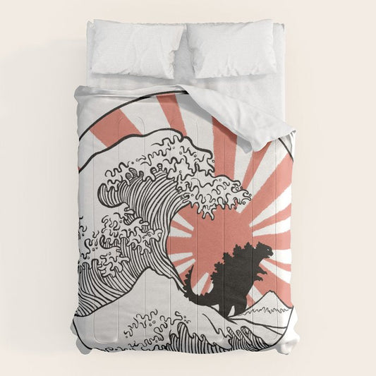 Godzilla Rising Sun The Great Wave Comforter Gallery Image 1