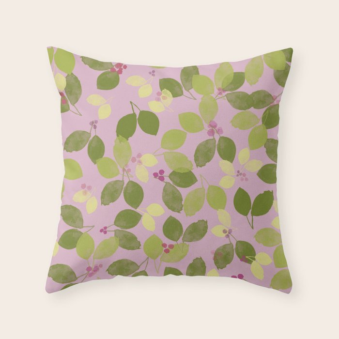 Summer Leaves and Berries on Pink Throw Pillow Gallery Image 6
