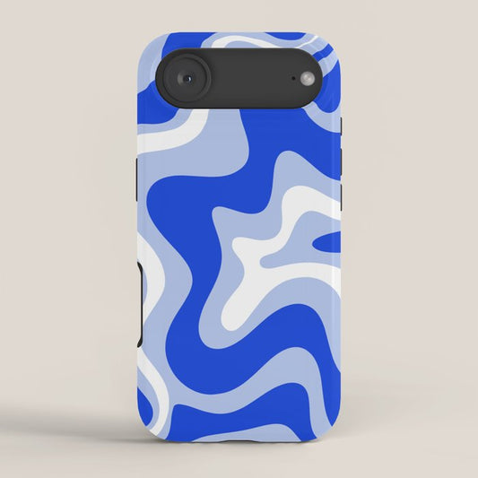 Retro Liquid Swirl Abstract Pattern Royal Blue, Light Blue, and White iPhone Case Gallery Image 2