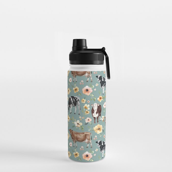 Cows and Flowers on Country Blue, Yellow Flowers, Cow Floral, Pink Flowers Water Bottle Gallery Image 2