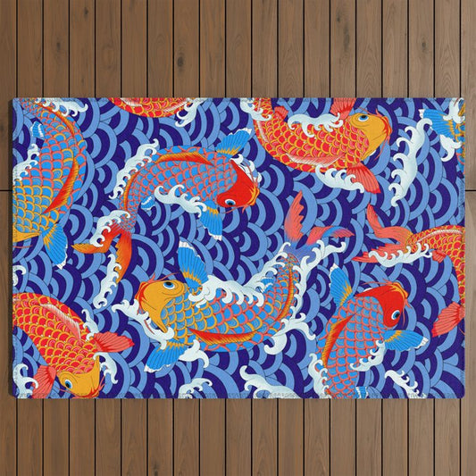 Koi fish / japanese tattoo style pattern Outdoor Rug Gallery Image 2