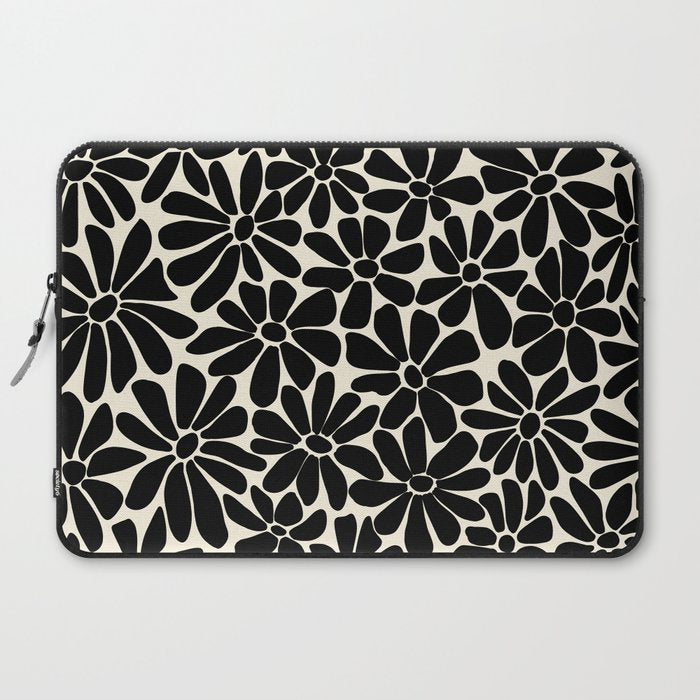 Black and White Retro Floral Art Print Laptop Sleeve Gallery Image 2