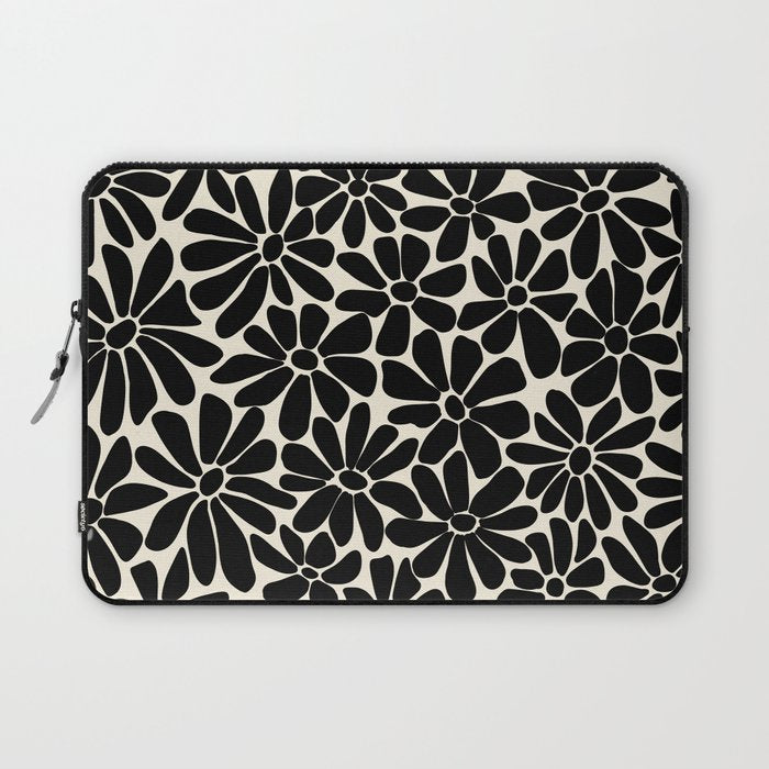 Black and White Retro Floral Art Print Laptop Sleeve Gallery Image 1