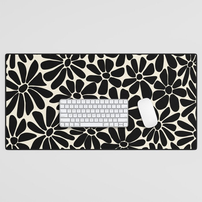 Black and White Retro Floral Art Print Desk Mat Gallery Image 1