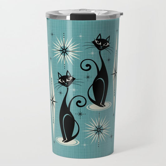 Mid Century Meow Retro Atomic Cats on Blue Travel Mug Gallery Image 1