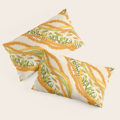 Diagonal Lei Pikake Orange Lokelani Pakalana Puakenikeni tileaf on beige Pillow Sham Gallery Image 2