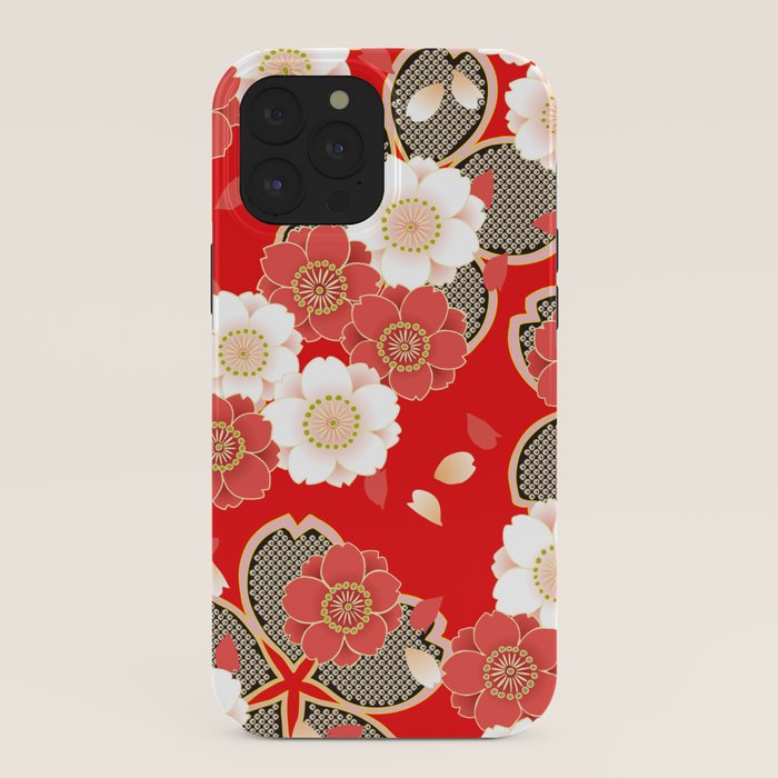 Japanese Vintage Red Black White Floral Kimono Pattern iPhone Case Gallery Image 40