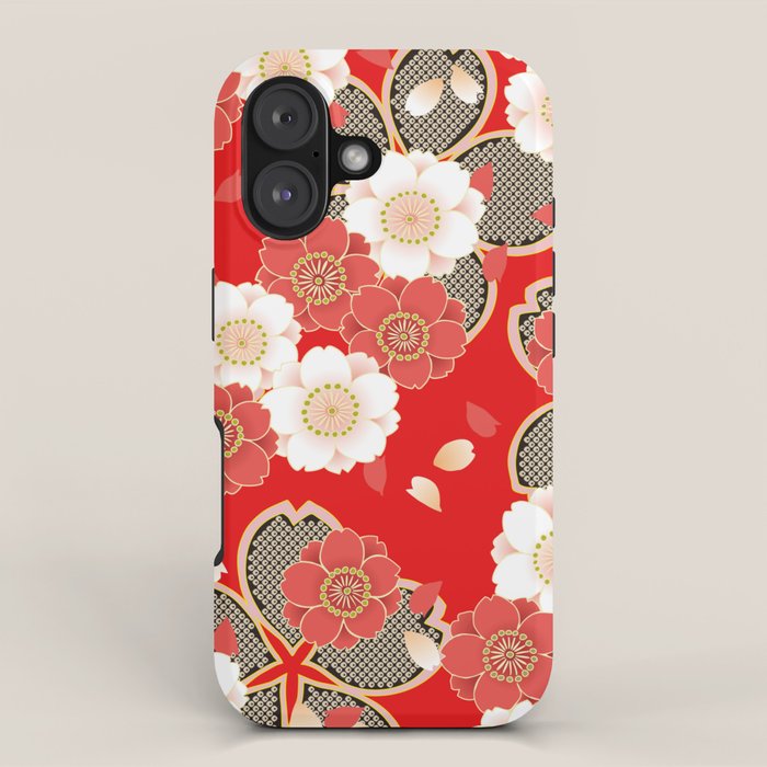 Japanese Vintage Red Black White Floral Kimono Pattern iPhone Case Gallery Image 1