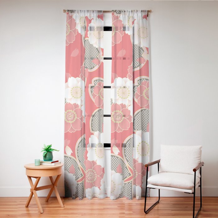 Japanese Vintage Red Black White Floral Kimono Pattern Window Curtain Gallery Image 20