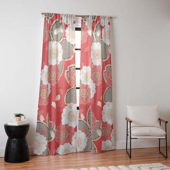 Japanese Vintage Red Black White Floral Kimono Pattern Window Curtain Gallery Image 14
