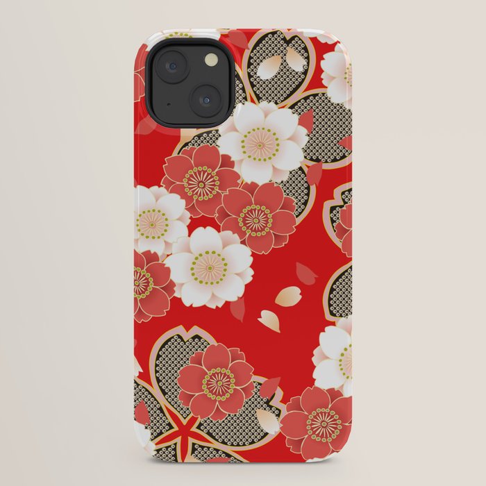 Japanese Vintage Red Black White Floral Kimono Pattern iPhone Case Gallery Image 22