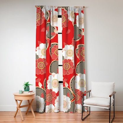 Japanese Vintage Red Black White Floral Kimono Pattern Window Curtain Gallery Image 4