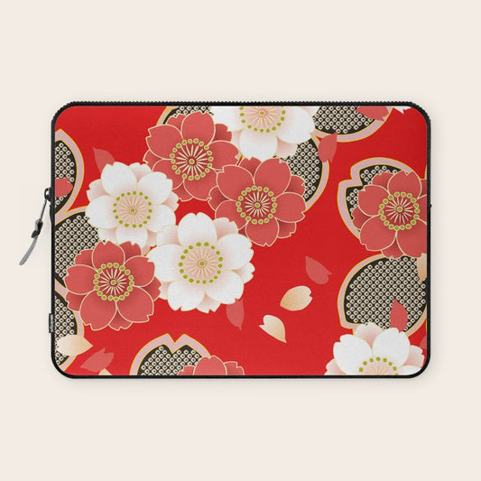 Japanese Vintage Red Black White Floral Kimono Pattern Laptop Sleeve Gallery Image 1
