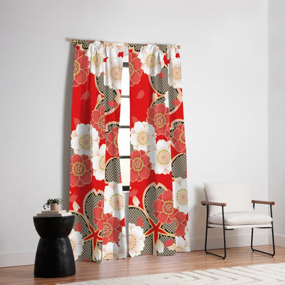 Japanese Vintage Red Black White Floral Kimono Pattern Window Curtain Gallery Image 6