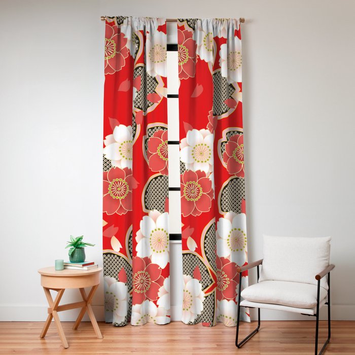 Japanese Vintage Red Black White Floral Kimono Pattern Window Curtain Gallery Image 8