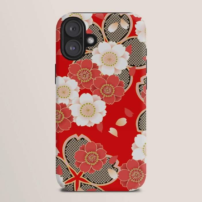 Japanese Vintage Red Black White Floral Kimono Pattern iPhone Case Gallery Image 10