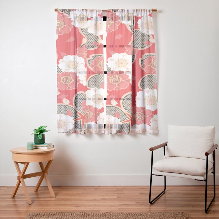 Japanese Vintage Red Black White Floral Kimono Pattern Window Curtain Gallery Image 19