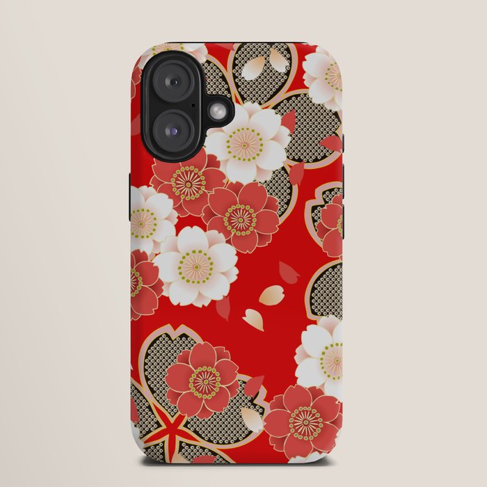 Japanese Vintage Red Black White Floral Kimono Pattern iPhone Case Gallery Image 9
