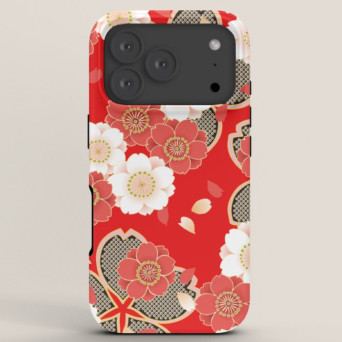 Japanese Vintage Red Black White Floral Kimono Pattern iPhone Case Gallery Image 7