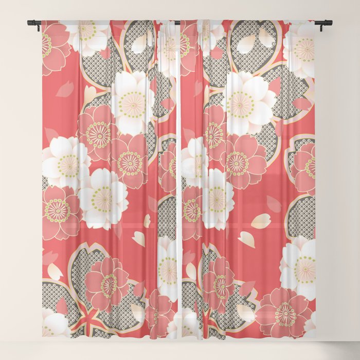 Japanese Vintage Red Black White Floral Kimono Pattern Window Curtain Gallery Image 17