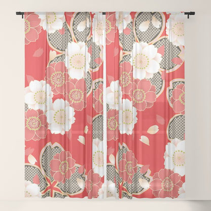 Japanese Vintage Red Black White Floral Kimono Pattern Window Curtain Gallery Image 17