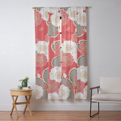 Japanese Vintage Red Black White Floral Kimono Pattern Window Curtain Gallery Image 13