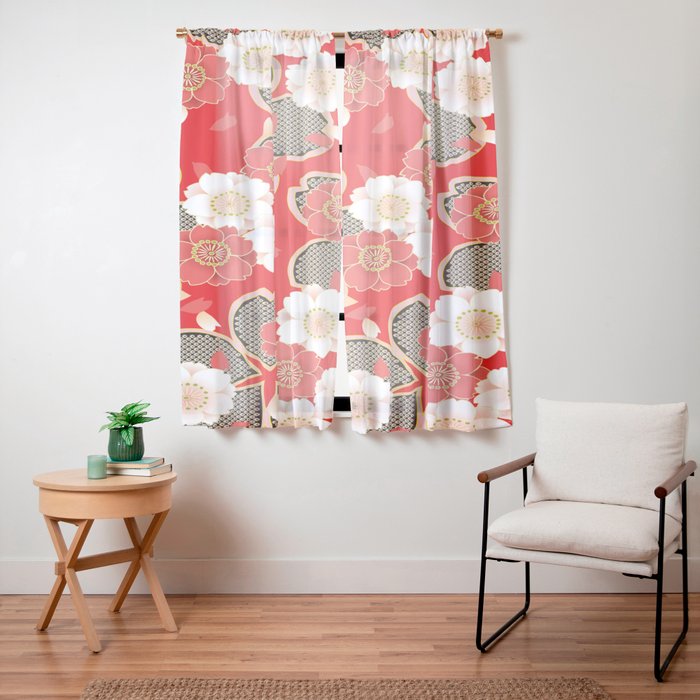 Japanese Vintage Red Black White Floral Kimono Pattern Window Curtain Gallery Image 15