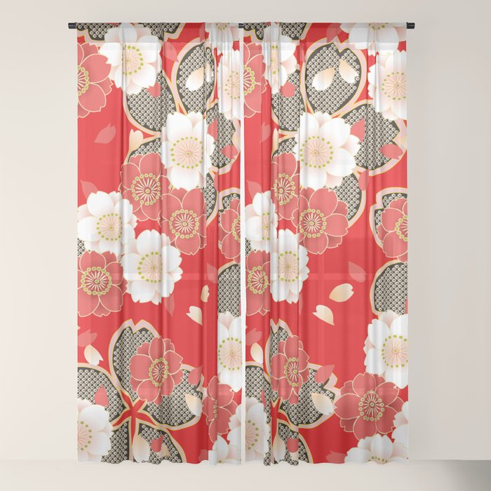 Japanese Vintage Red Black White Floral Kimono Pattern Window Curtain Gallery Image 18