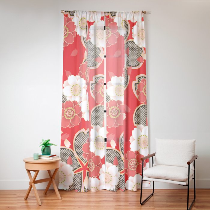 Japanese Vintage Red Black White Floral Kimono Pattern Window Curtain Gallery Image 12
