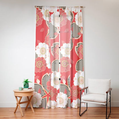 Japanese Vintage Red Black White Floral Kimono Pattern Window Curtain Gallery Image 12