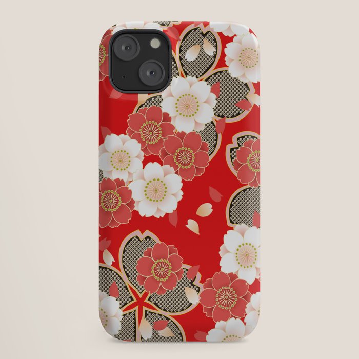 Japanese Vintage Red Black White Floral Kimono Pattern iPhone Case Gallery Image 18